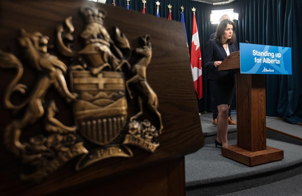 Alberta Premier Danielle Smith speaks on invoking her government’s sovereignty act over federal clean energy regulations, in Edmonton on Nov. 27. (Jason Franson/The Canadian Press - image credit)