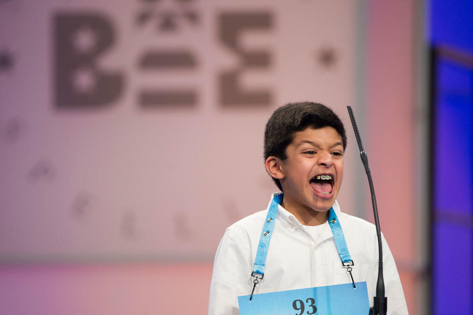 <p>Arin Bhandari, 12 of West Haven, Conn., correctly spells his word during the 90th Scripps National Spelling Bee in Oxon Hill, Md., Wednesday, May 31, 2017. (AP Photo/Cliff Owen) </p>