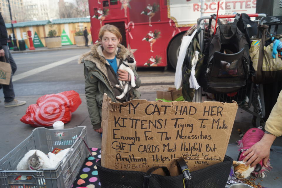 <span class="s1">Brandy Felci, 23, who was raised in Staten Island, asks for money on 14th Street in Manhattan. She has been homeless on-and-off since leaving home as a teenager and said she cannot stay in shelters because they won’t let her bring her cats. “I refuse to give up my animals to be miserable inside by myself,” she said. “I’d rather be on the street and fight for my animals’ survival and my survival and know that I’m going to wake up happy every day with my animals in my arms than to be inside by myself and lonely.” (Photo: Michael Walsh/Yahoo News)</span>