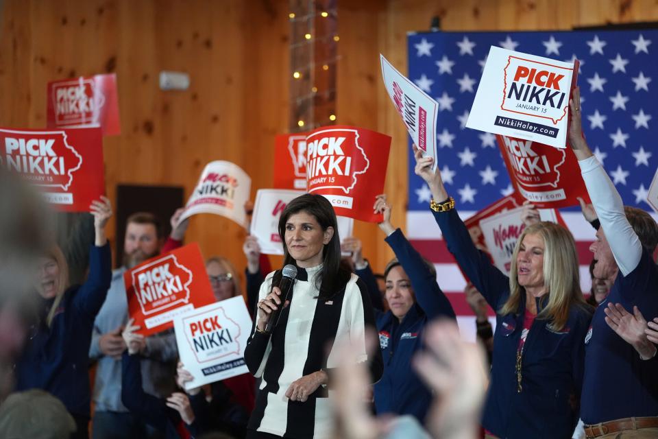 Republican presidential candidate former UN Ambassador Nikki Haley speaks at a campaign event, Sunday, Jan. 14, 2024 in Adel, Iowa.