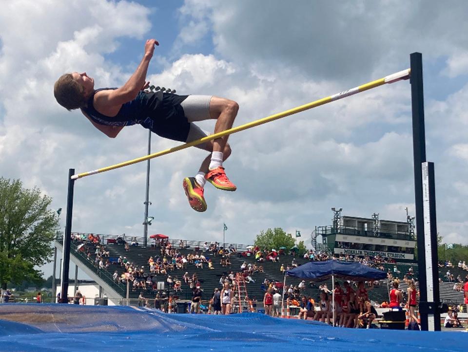 Seneca's Vincent Rupp clears 6 feet 1 inch in the Class 2A high jump in the District 10 track and field championships at Slippery Rock University on Saturday, May 21, 2022. He won the event with a height of 6-5.