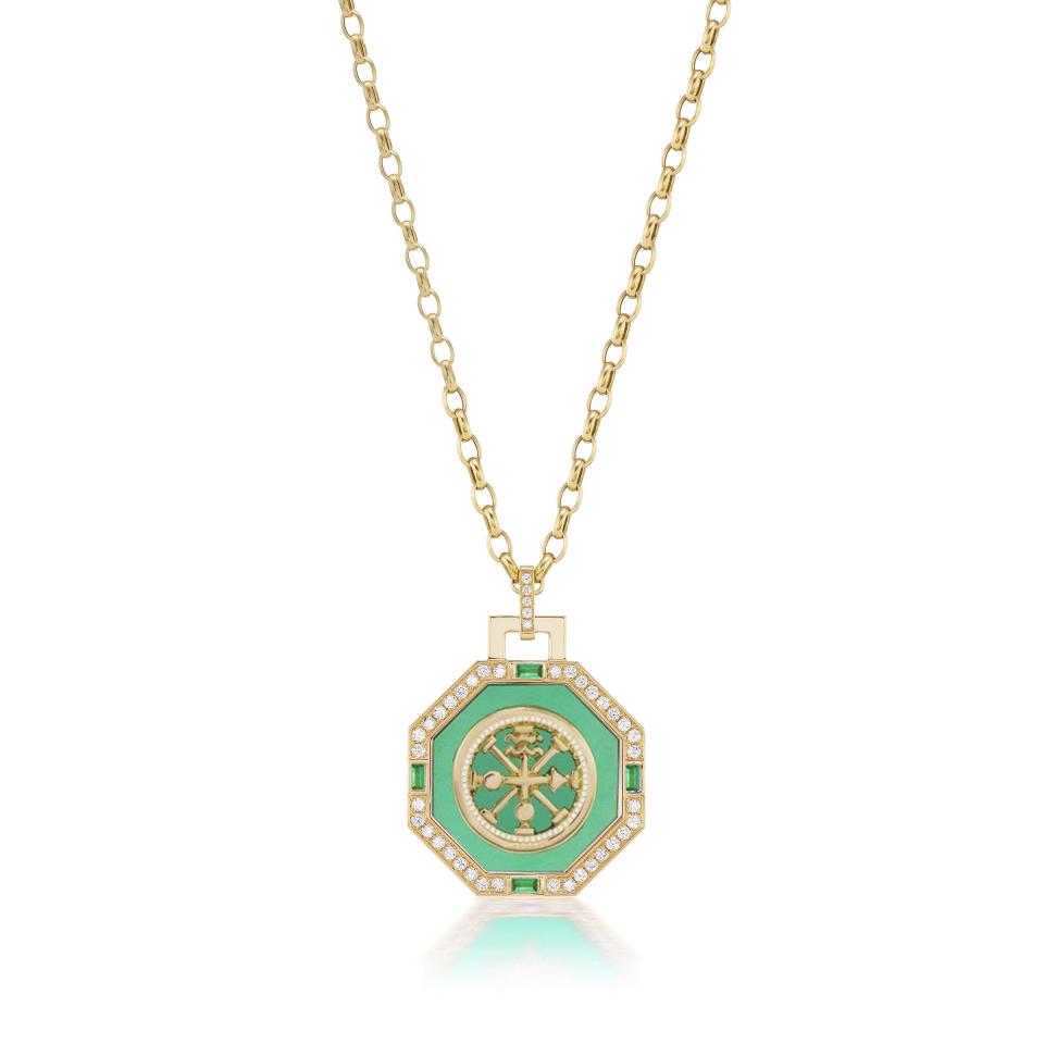 <p><a href="https://sorellinanyc.com/collections/necklaces/products/for311" rel="nofollow noopener" target="_blank" data-ylk="slk:Shop Now;elm:context_link;itc:0;sec:content-canvas" class="link ">Shop Now</a></p><p>Octagonal Ruota Wheel Pendant</p><p>$6250.00</p><p>sorellinanyc.com</p>