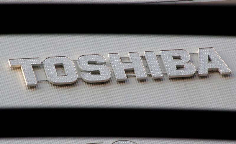 FILE PHOTO: Logo of Toshiba Corp is seen outside an electronics retail store in Tokyo