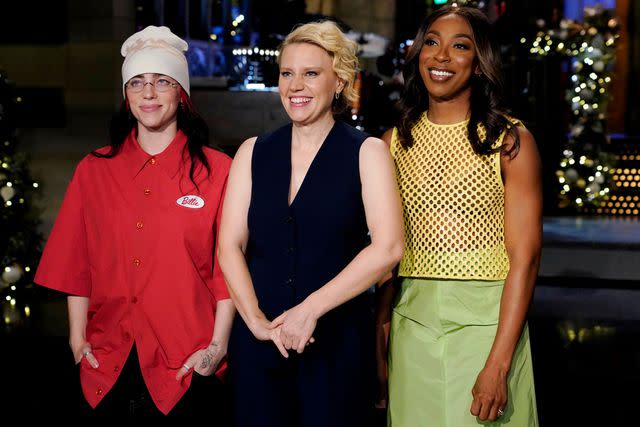 <p>Rosalind O'Connor/NBC via Getty </p> Kate McKinnon with Billie Eilish and Ego Nwodim