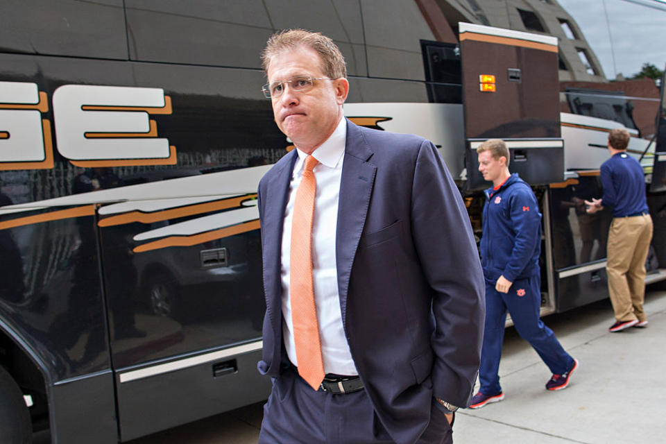 FAYETTEVILLE, AR - OCTOBER 24: Head Coach Gus Malzahn of the Auburn Tigers walks into the stadium before a game against the Arkansas Razorbacks at Razorback Stadium Stadium on October 24, 2015 in Fayetteville, Arkansas. (Photo by Wesley Hitt/Getty Images)