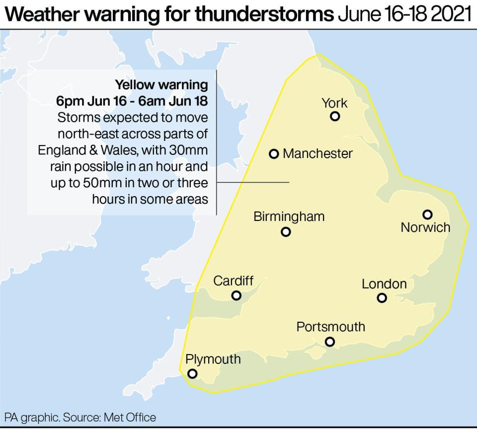 Weather warning for thunderstorms June 16-18 (PA graphics)