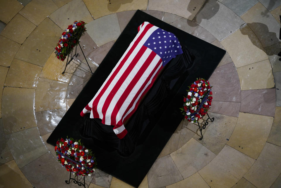 Former President George H. W. Bush lies in state in the U.S. Capitol Rotunda Monday, Dec. 3, 2018, in Washington. (AP Photo: Pablo Martinez Monsivais/AP)