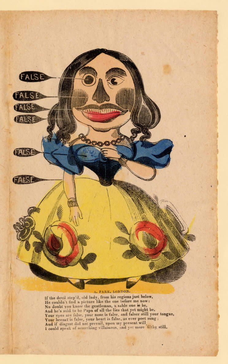 <em>If the devil step’d, old lady, from his regions just below, he couldn’t find a picture like the one before me now: no doubt you know the gentleman, a sable one is he, and he’s said to be Papa of all the lies that yet might be. Your eyes are false, your nose is false, and falser still your tongue, your breast is false, your heart is false, as ever poet sung; and if disgust did not prevail, upon my present will, I could speak of something villainous, and yet more filthy still. </em>[Photo: Bodleian Libraries]