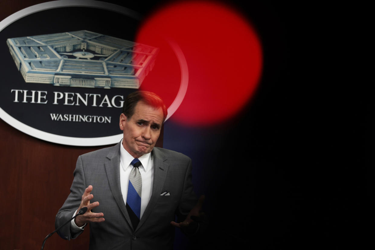 John Kirby, standing in front of a Pentagon seal, expresses skepticism.