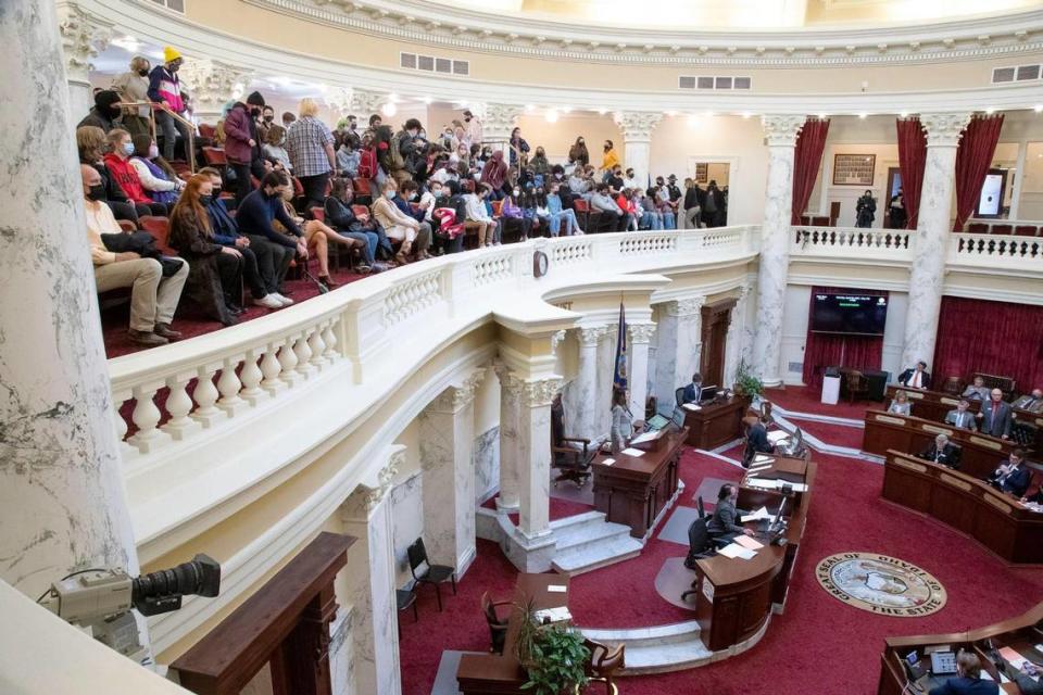 Idaho students fill the gallery as H377 is debated and passed by the Idaho Senate Monday, April 26, 2021 at the Idaho Statehouse in Boise.