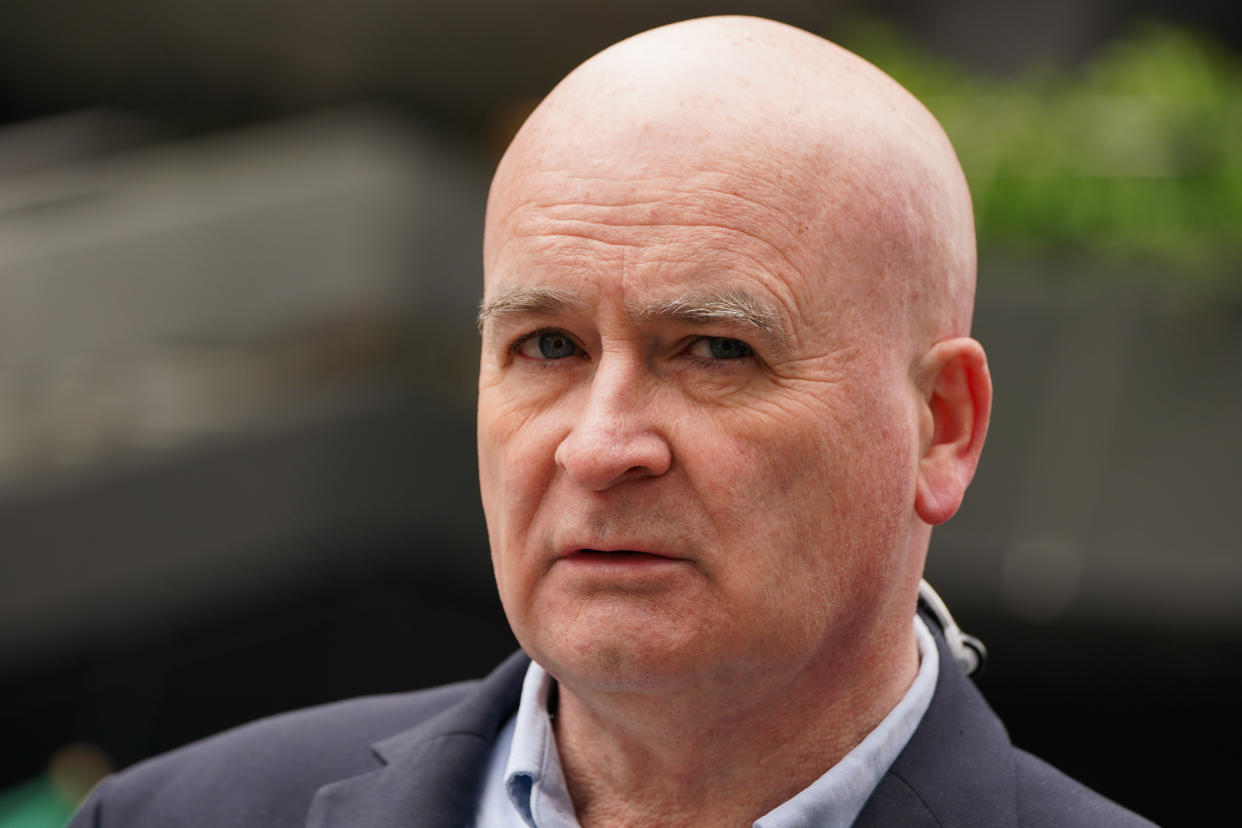 Rail, Maritime and Transport union general secretary Mick Lynch joins members of his union on the picket line outside Euston train station, London, during their long-running dispute over pay. Picture date: Friday June 2, 2023. (Photo by Lucy North/PA Images via Getty Images)