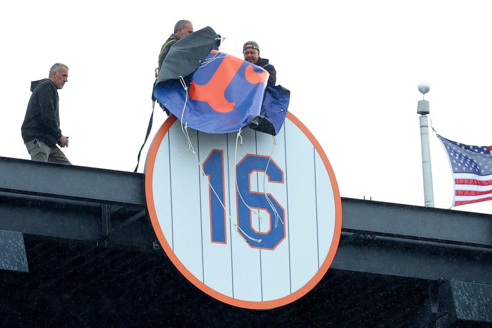 Apr 14, 2024; New York City, New York, USA; New York Mets former pitcher Dwight Gooden (not pictured) has his number retired during a ceremony before a game against the Kansas City Royals at Citi Field. Mandatory Credit: Brad Penner-USA TODAY Sports