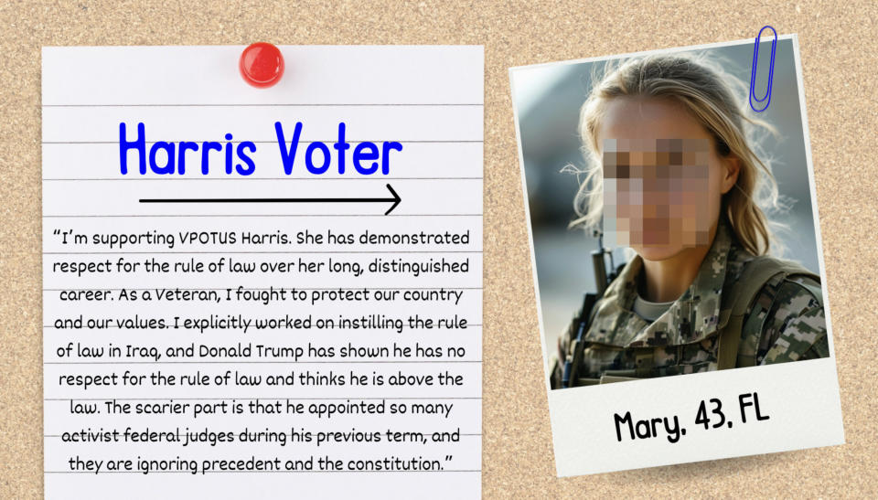 Journalized testimonial for Harris by Mary, 43, FL: Supports Harris for VPOTUS. Trump disrespects rule of law; Harris protects veterans' rights and the constitution