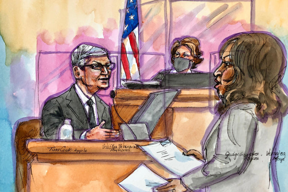 This artist rendering shows Apple CEO Tim Cook on the witness stand during a trial in San Ramon, Calif., on Friday, May 21, 2021. Cook described the company's ironclad control over its mobile app store as a way to keep things simple for customers while protecting them against security threats and privacy intrusions during Friday testimony denying allegations he has been running an illegal monopoly. The rare courtroom appearance by one of the world's best-known executives came during the closing phase of a three-week trial revolving an antitrust case brought by Epic Games, maker of the popular video game Fortnite. (Vicki Behringer via AP)