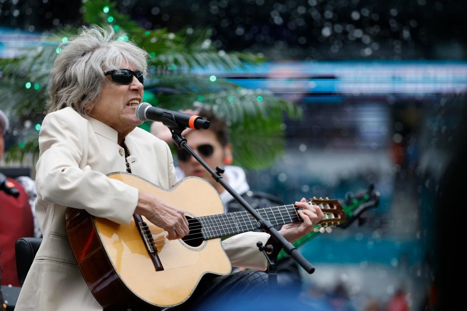 December 25, 2022: Jose Feliciano performs at halftime during a Christmas Day NFL football game between the Miami Dolphins and the Green Bay Packers in Miami Gardens, Fla.