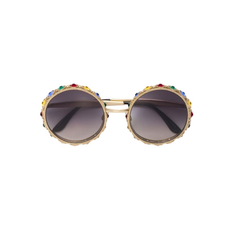 <a rel="nofollow noopener" href="http://www.dolcegabbana.com/eyewear/special-collections/women/mambo/dg2171b-gold-metal-round-sunglassess-warovski-crystals/" target="_blank" data-ylk="slk:Limited Edition Mambo Metal Round Sunglasses, Dolce & Gabbana, $2540;elm:context_link;itc:0;sec:content-canvas" class="link ">Limited Edition Mambo Metal Round Sunglasses, Dolce & Gabbana, $2540</a>