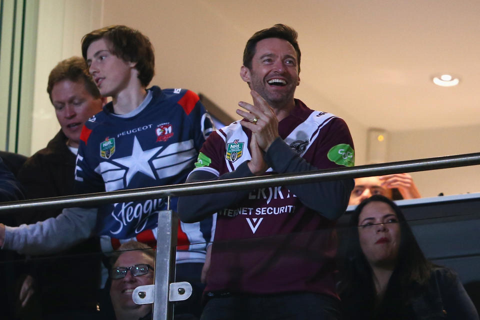 SYDNEY, AUSTRALIA - AUGUST 28:  Australian actor Hugh Jackman watches on from the crowd during the round 25 NRL match between the Manly Warringah Sea Eagles and the Sydney Roosters at Brookvale Oval on August 28, 2015 in Sydney, Australia.  (Photo by Mark Kolbe/Getty Images)