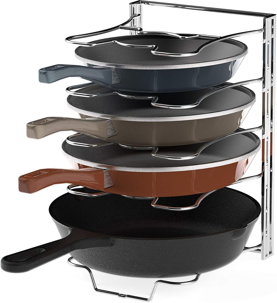 SimpleHouseware Kitchen Cabinet 5 Adjustable Compartments Pan and Pot Lid Organizer Rack Holder. (Image via Amazon)