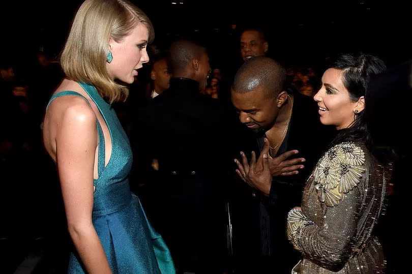 Recording Artists Taylor Swift, Kanye West and tv personality Kim Kardashian attend The 57th Annual GRAMMY Awards at the STAPLES Center on February 8, 2015 in Los Angeles, California.