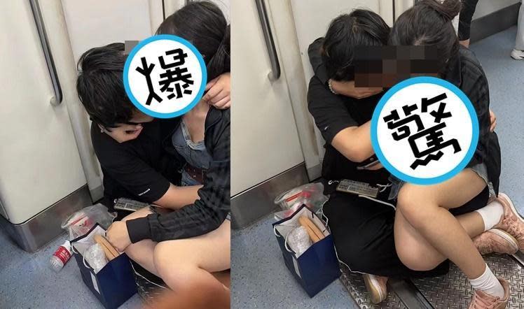 一對男女在地鐵車廂內進行親密舉動，畫面被一旁路人拍下。（翻攝自臉書社團「大埔 TAI PO」）