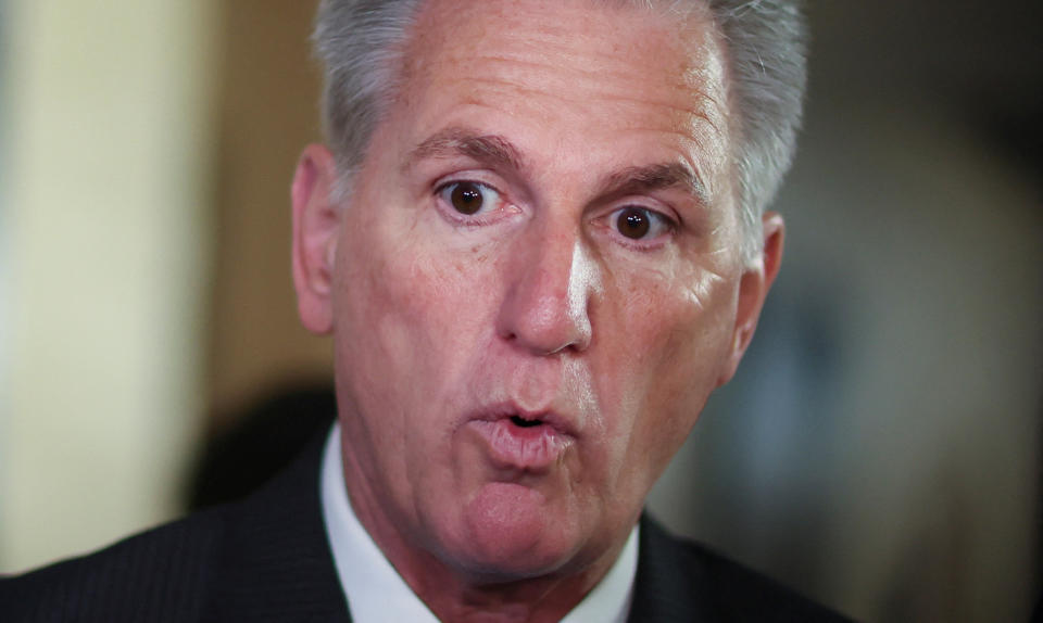 U.S. Speaker of the House Kevin McCarthy (R-CA) speaks to members of the news media outside of a Republican Steering Committee meeting in the U.S. Capitol building in Washington, U.S., January 11, 2023. REUTERS/Leah Millis