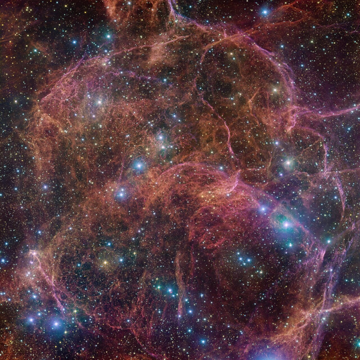An image of the Vela supernova remnant as imaged by the European Southern Observatories Very Large Telescope Survey Telescope (ESO/VPHAS+ team.)