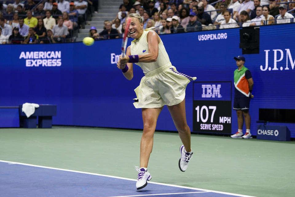 Anett Kontaveit, of Estonia, returns a shot to Serena Williams, of the United States, during the second round of the U.S. Open tennis championships, Wednesday, Aug. 31, 2022, in New York. (AP Photo/John Minchillo)