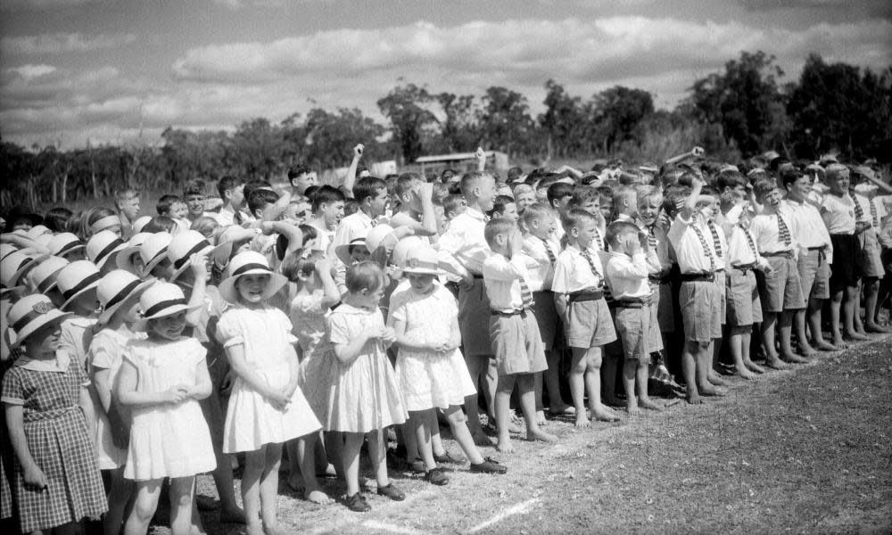 Children from the Fairbridge Farm school at Pinjarra, Western Australia, listening to a speech by the Duke of Gloucester in 1934