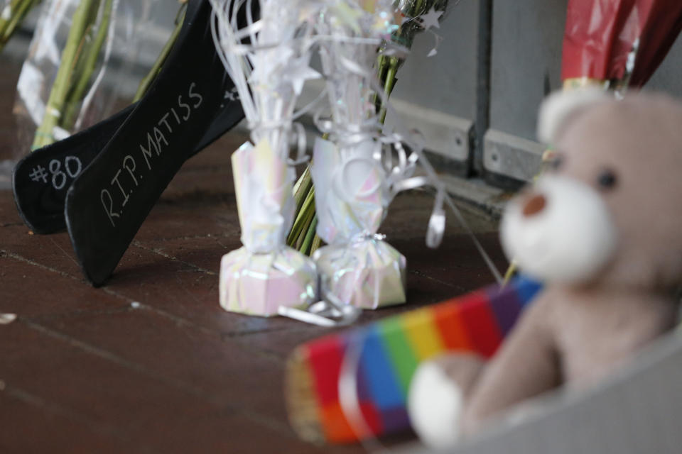 A makeshift memorial is displayed in front of Nationwide Arena Monday, July 5, 2021, in Columbus, Ohio, to remember Columbus Blue Jackets goaltender Matiss Kivlenieks who died of chest trauma from an errant fireworks mortar blast in what authorities described Monday as a tragic accident on the Fourth of July. (AP Photo/Jay LaPrete)