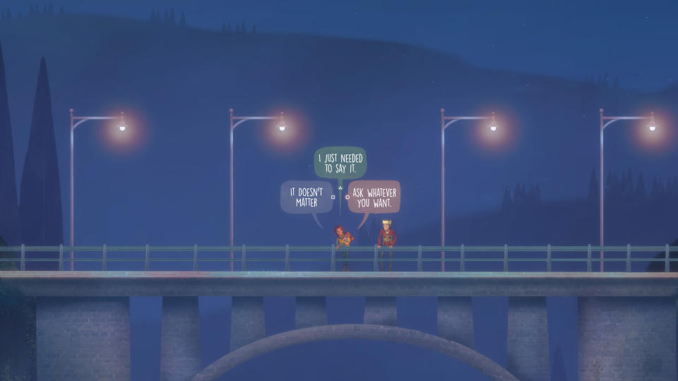 A dialogue choice on a moonlit bridge