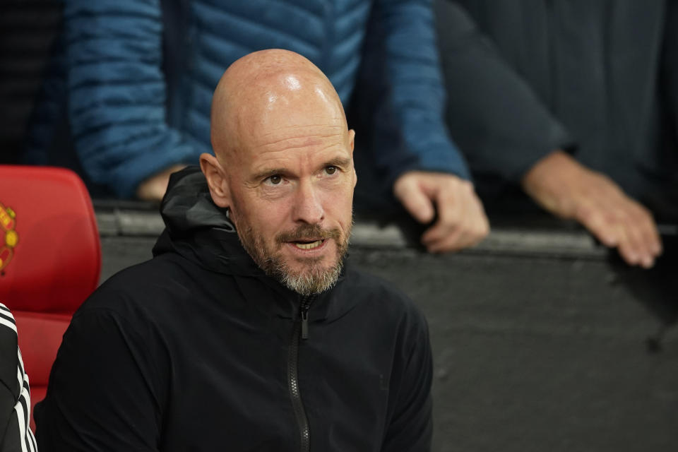 Manchester United's head coach Erik ten Hag arrives before the Champions League group A soccer match between Manchester United and Galatasaray at the Old Trafford stadium in Manchester, England, Tuesday, Oct. 3, 2023. (AP Photo/Dave Thompson)