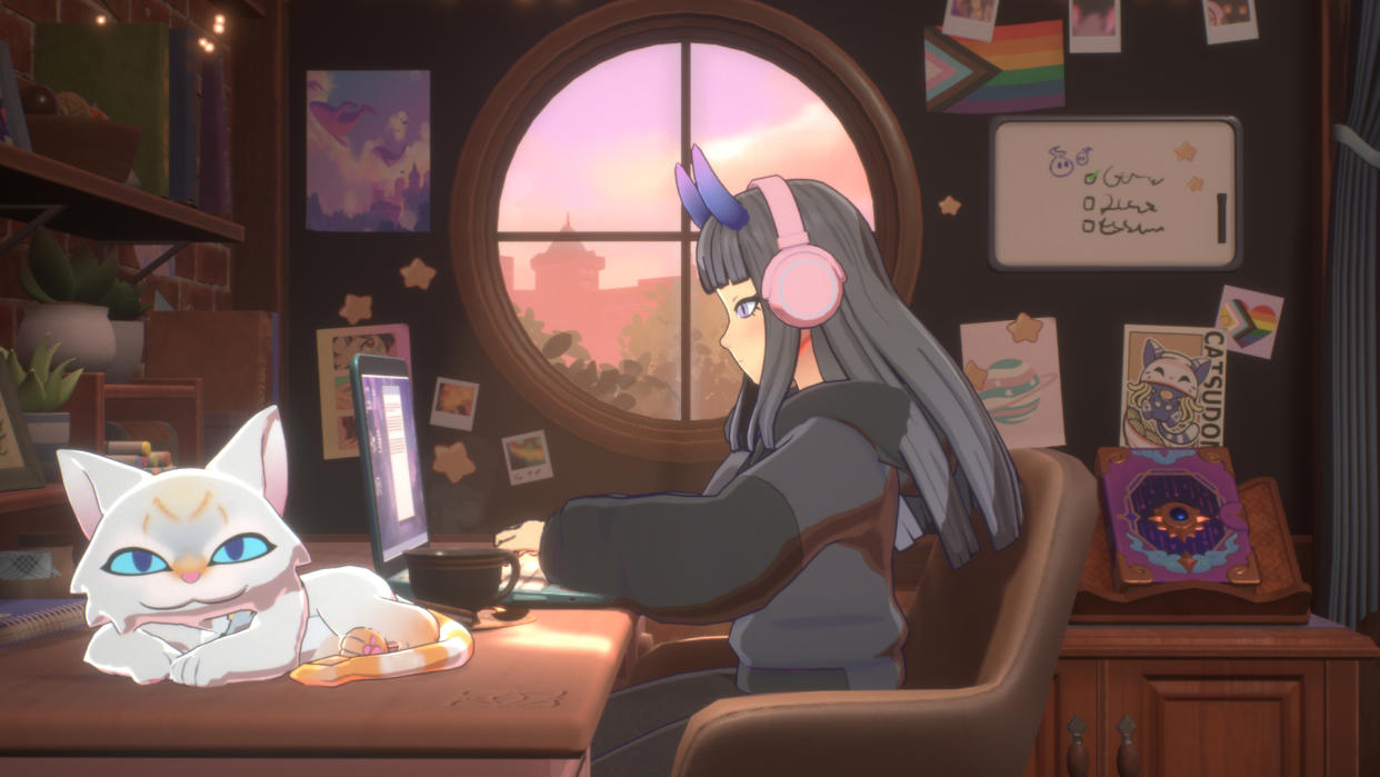  A girl with long grey hair types away at a laptop on a desk accompanied by a white cat. 