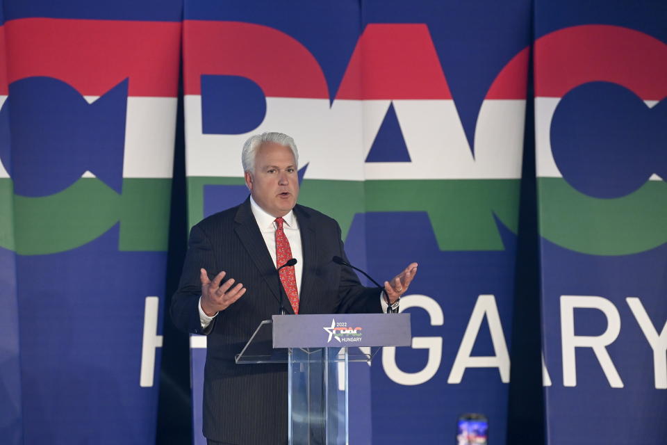 FILE - The chairman of the Conservative Political Action Coalition (CPAC), Matt Schlapp, delivers the welcome speech at the CPAC conference in Budapest, Hungary, May 19, 2022. Hungarian Prime Minister Viktor Orban is scheduled to speak at the Conservative Political Action Conference in Dallas. “What we like about him is that he's actually standing up for the freedom of his people against the tyranny of the EU,” said Schlapp. (Szilard Koszticsak/MTI via AP, File)