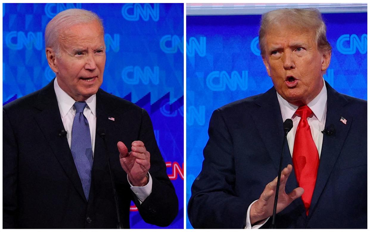 FILE PHOTO: Democratic Party presidential candidate U.S. President Joe Biden and Republican presidential candidate former U.S. President Donald Trump speak during a presidential debate in Atlanta, Georgia, U.S., June 27, 2024 in a combination photo. REUTERS/Brian Snyder/File Photo