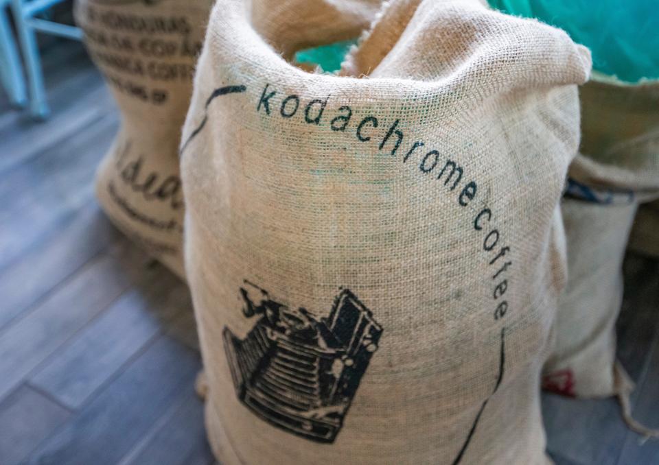 A coffee bean bag contains new branding graphics inside Zen Cafe, which is rebranding as Kodacrome Coffee, on Friday, Nov. 19, 2021, in South Bend. 