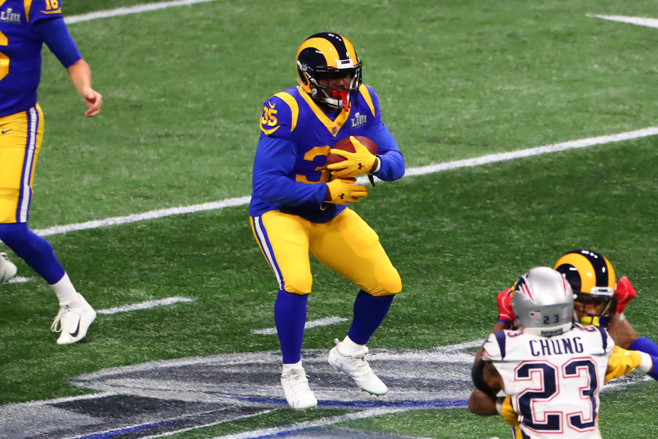 ATLANTA, GA - FEBRUARY 03:  Los Angeles Rams running back C.J. Anderson (35) during Super Bowl LIII between the Los Angeles Rams and the New England Patriots on February 3, 2019 at Mercedes Benz Stadium in Atlanta, GA.  (Photo by Rich Graessle/Icon Sportswire via Getty Images)