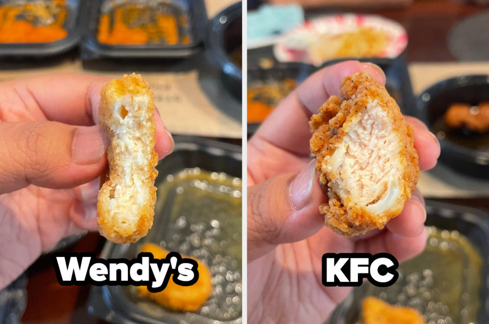 Close-up of a hand holding a Wendy's chicken nugget next to another hand holding a KFC chicken nugget. The interiors of both nuggets are visible