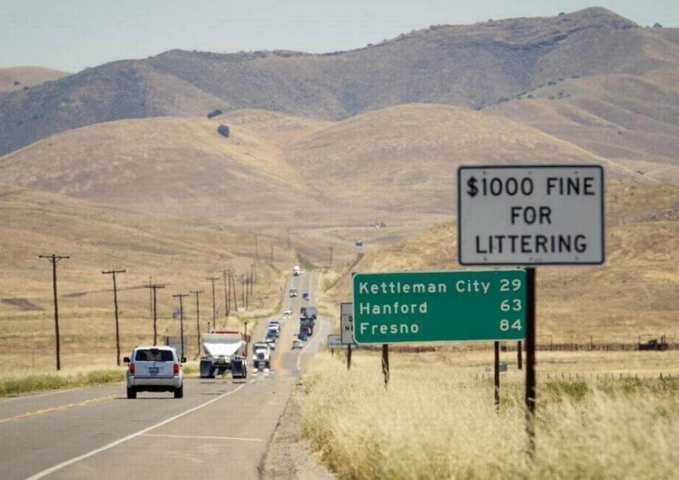 Traffic travels on a two-lane stretch of Highway 46 approaching the Cholame “Y” and the intersection with Highway 41 toward Fresno.