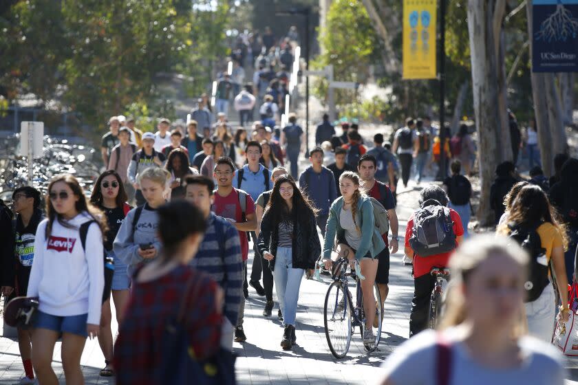 Students head to classes at UC San Diego on April 24, 2019. Massachusetts Sen. Elizabeth Warren is proposing to eliminate tuition at the nation's public colleges and universities, (Photo by K.C. Alfred/The San Diego Union-Tribune)