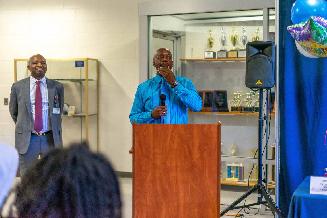Dr. William Logan, right, was named Durham Public Schools’ Principal of the Year at a ceremony with Superintendent Pascal Mubenga held Oct. 24, 2022. Hillside High School is celebrating its centennial this year.