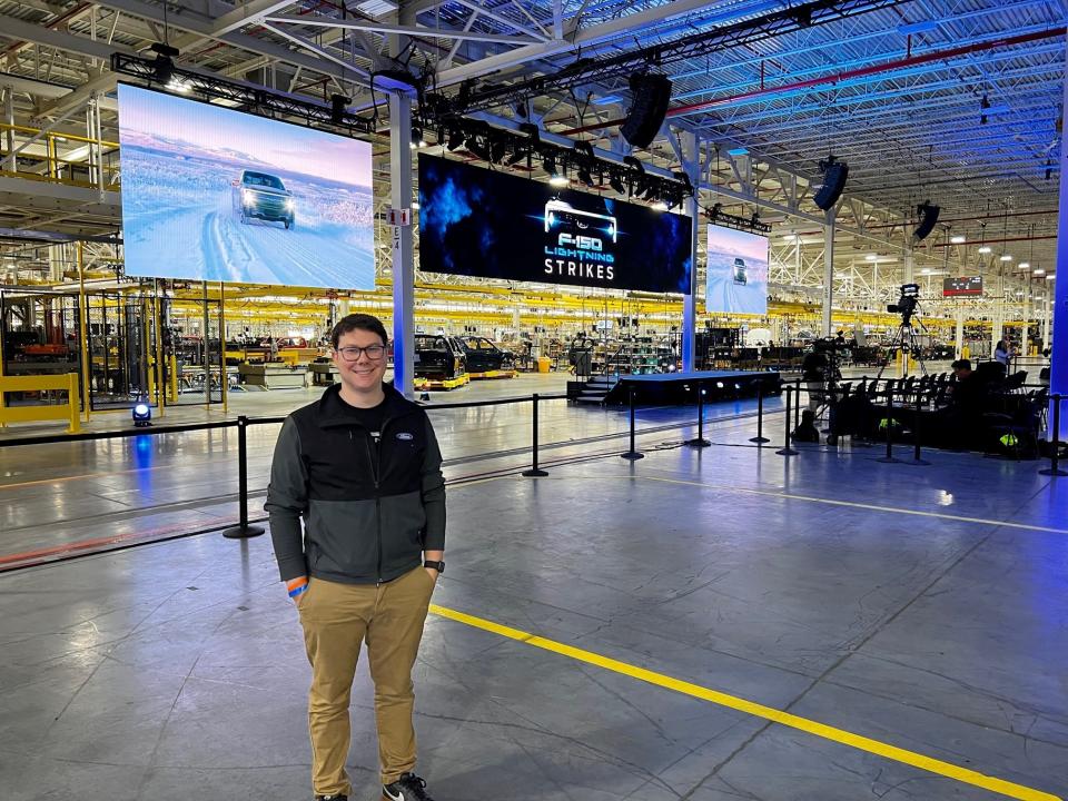 Jacen Craft,  a roofing salesman from Brecksville, Ohio, seen here at the Ford F-150 Lightning launch in Dearborn in April 2022, flew to Norway this week to discuss his ownership experience at a Ford news conference in Norway on Thursday April 20, 2023.