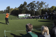 A limited number of fans return lining the first fairway at Augusta National Golf Club to watch Maja Stark tee off on the first hole during the Augusta National Women's Amateur final round on Saturday, April 3, 2021, in Augusta, Ga. (Curtis Compton /Atlanta Journal-Constitution via AP)