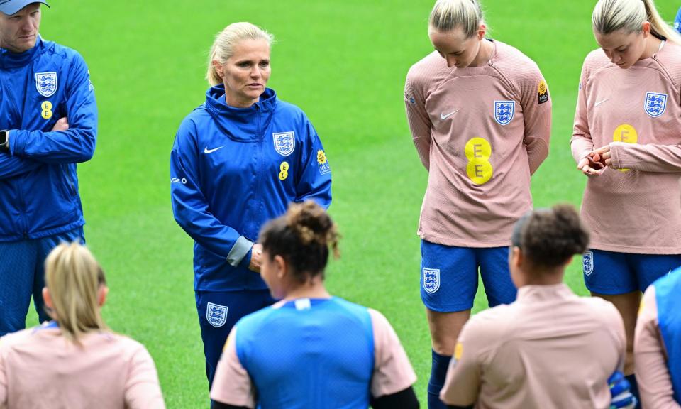 <span>Sarina Wiegman talks to her players during training in Gothenburg.</span><span>Photograph: Björn Larsson Rosvall/TT News Agency/AFP/Getty Images</span>