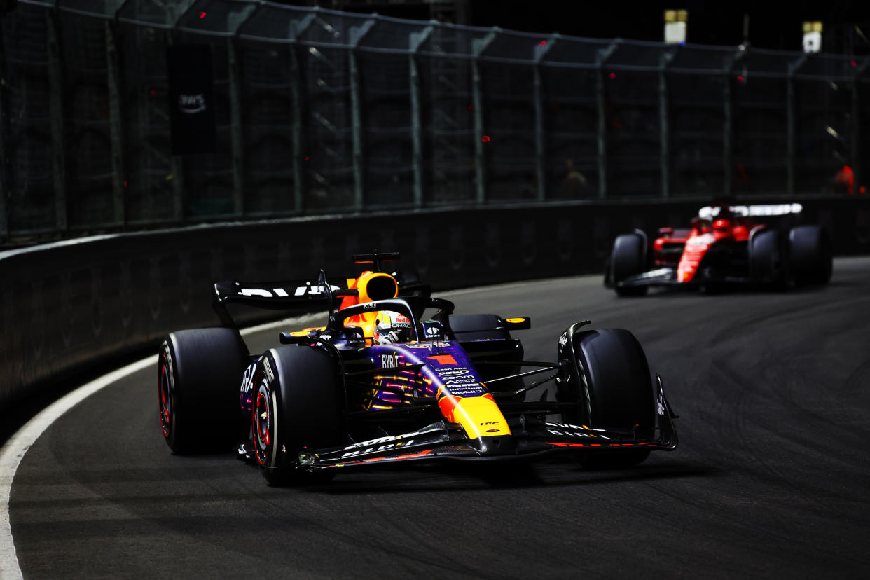 LAS VEGAS, NEVADA - NOVEMBER 18: Max Verstappen of the Netherlands driving the (1) Oracle Red Bull Racing RB19 leads Charles Leclerc of Monaco driving the (16) Ferrari SF-23 during the F1 Grand Prix of Las Vegas at Las Vegas Strip Circuit on November 18, 2023 in Las Vegas, Nevada. (Photo by Mark Thompson/Getty Images)