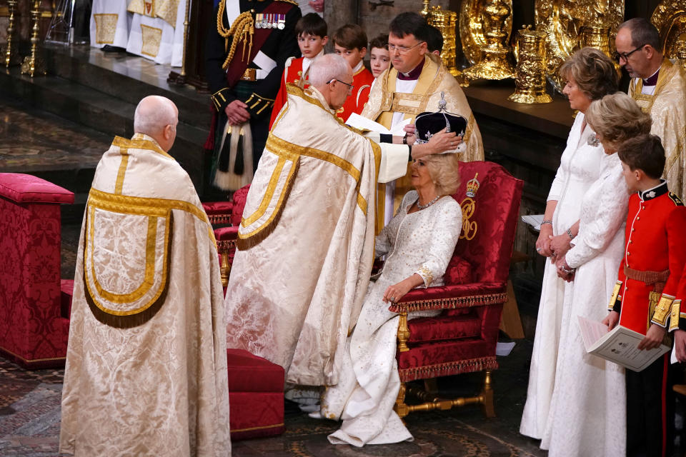 Queen Camilla is crowned with Queen Mary's Crown by The Archbishop of Canterbury the Most Reverend Justin Welby on May 6. (Yui Mok/Pool via REUTERS)