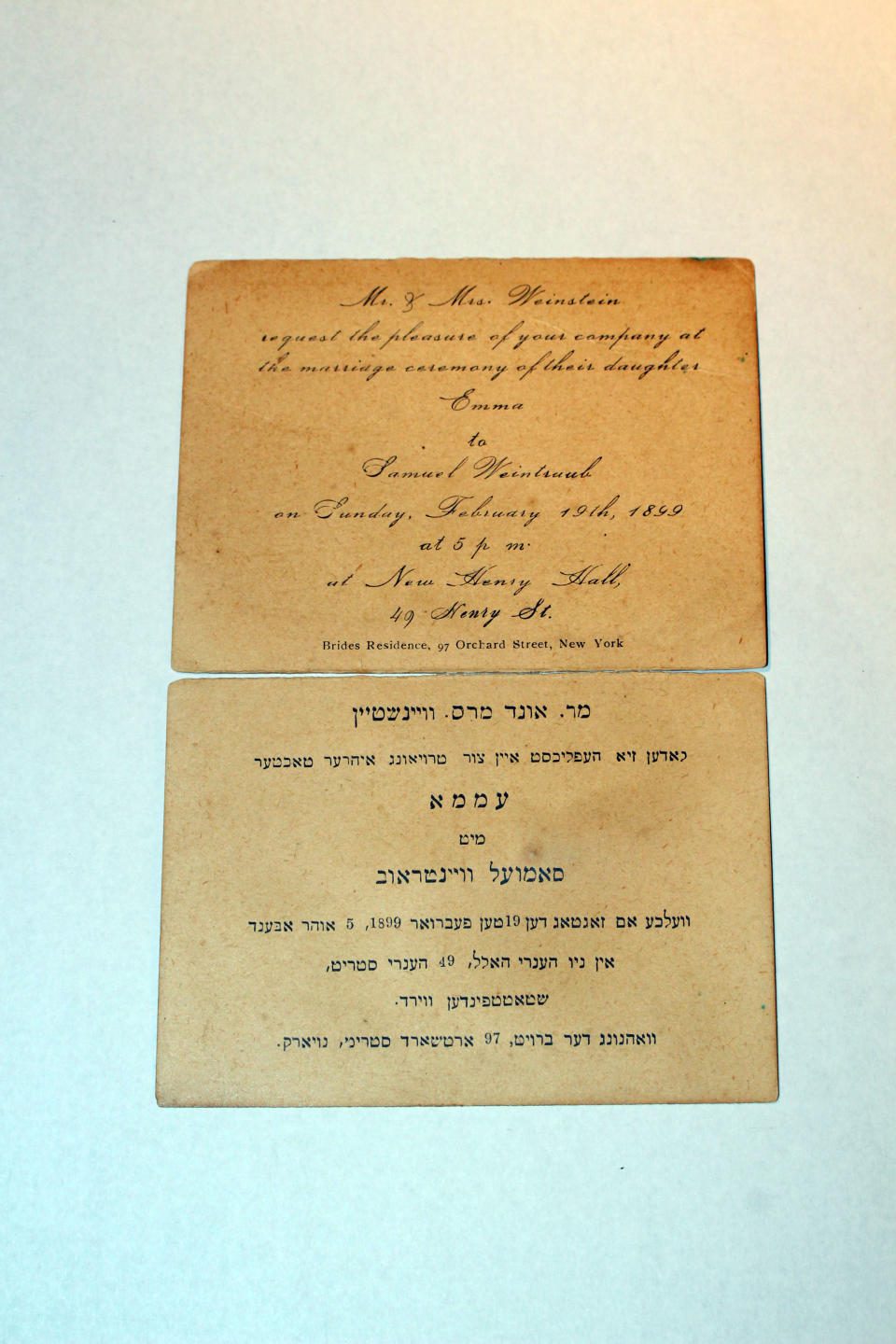 <p>This wedding invitation was donated to the museum in 2010 by Leon Weintraub and Ada Finifter, the grandchildren of Emma Weinstein and Samuel Weintraub. Emma Weinstein lived at 97 Orchard St. (Photo: Caters News) </p>