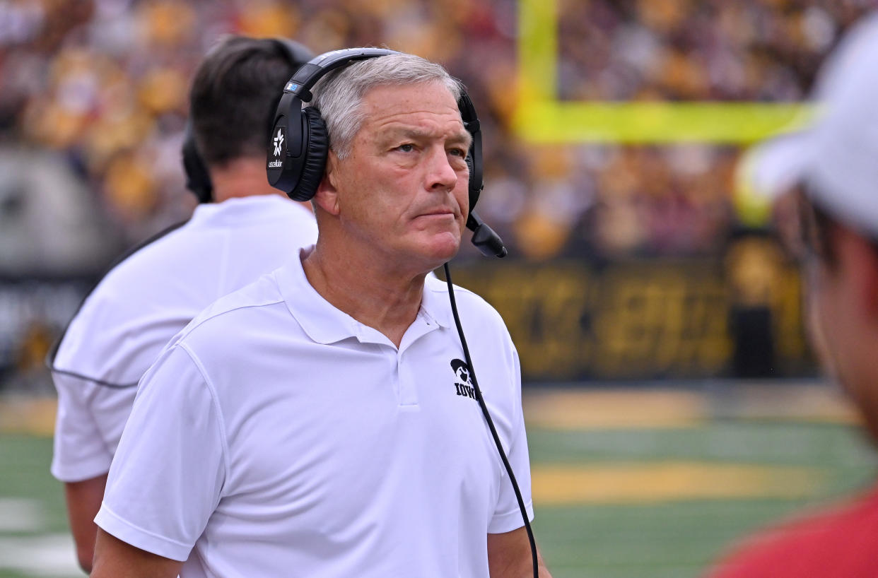 Iowa football coach Kirk Ferentz has some work to do with the team's offense struggling mightily through two weeks. (Keith Gillett/Icon Sportswire via Getty Images)