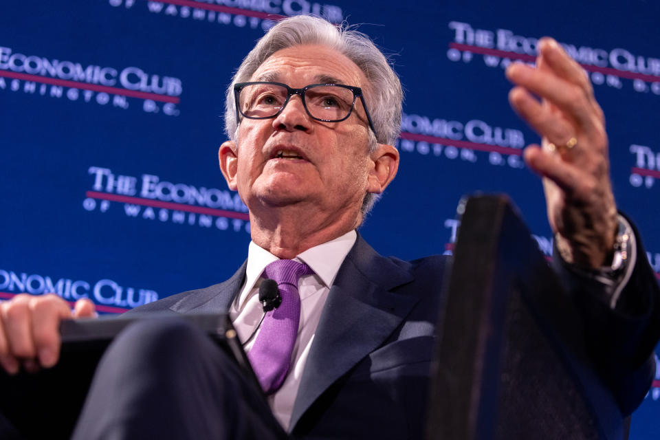 WASHINGTON, DC - FEBRUARY 07: Federal Reserve Board Chairman Jerome Powell speaks during an interview by David Rubenstein, Chairman of the Economic Club of Washington, D.C., at the Renaissance Hotel on February 7, 2023 in Washington, DC. The Federal Reserve announced last week a 0.25 percentage point interest rate increase to a range of 4.50% to 4.75%. (Photo by Julia Nikhinson/Getty Images)