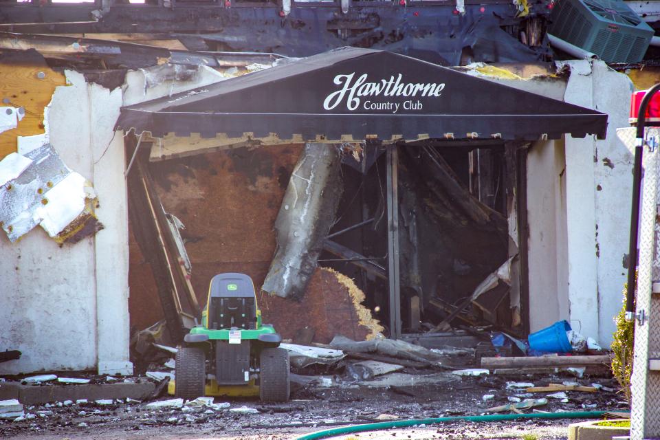 The awning above the front door of the Hawthorne Country Club on Tucker Road in Dartmouth survived a fire on Sunday, May 7.