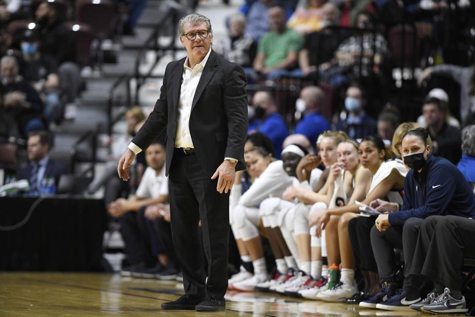 Connecticut head coach Geno Auriemma watches during the second half of an NCAA college basketball game against Georgetown in the quarterfinals of the Big East Conference tournament at Mohegan Sun Arena, Saturday, March 5, 2022, in Uncasville, Conn. (AP Photo/Jessica Hill)